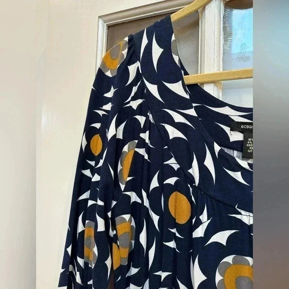 Vintage Y2K BCBGMAXAZRIA Navy Gold  Stretchy Retro Tunic Shift Dress Size Large - Picture 3 of 8
